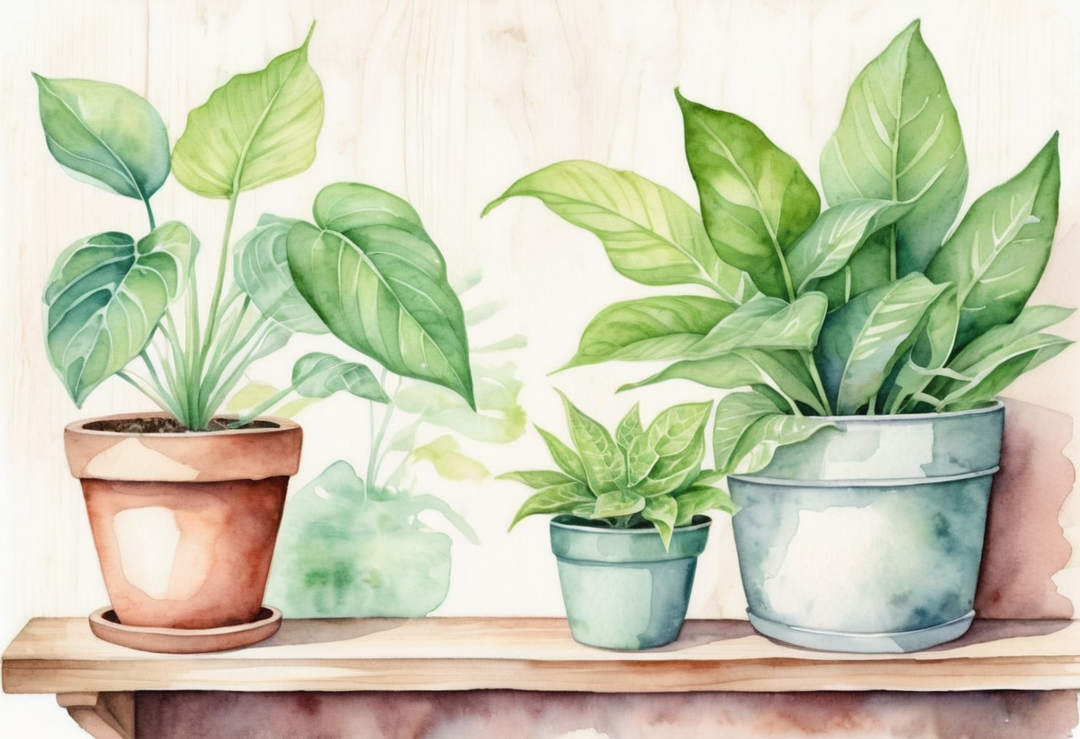 Watercolor illustration of abstract leaves and organic matter on cream paper, top-down still life, no text, soft earth tones